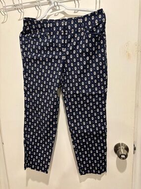 LOFT Navy Blue Straight-Leg Pants with White Dot Pattern